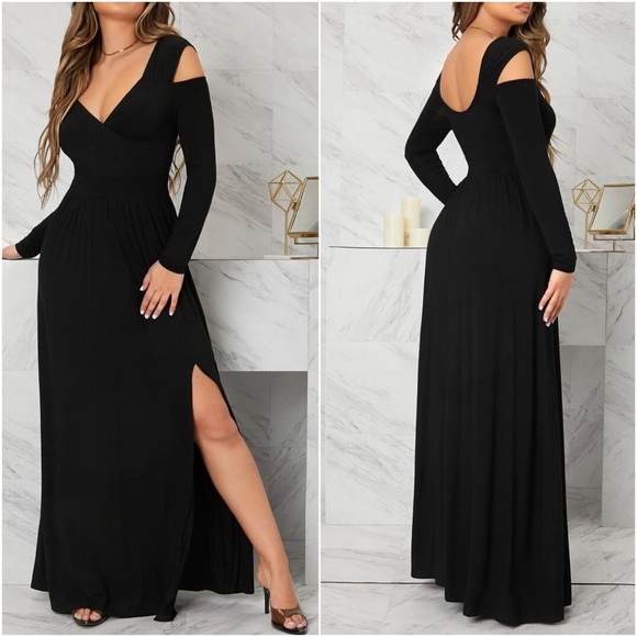 BellanBlue Dresses & Skirts - Luxe Black Cold Shoulder Flowy Party Evening maxi Dress